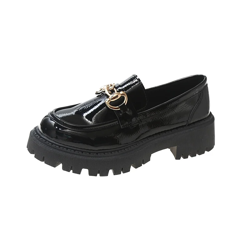 Tanguoant Tanguoant Thick Heel Metal Buckle Small Leather Shoes Female Pure Color Loafers Female British Retro Wind Round Head Single Shoes Female