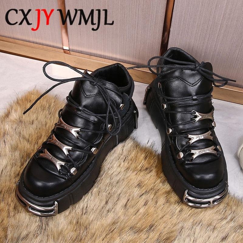 Punk Style Women Sneakers British Style Lace-up PU Platform Shoes Creepers Casual Thick Bottom Winter Ladies Shoe Metal Decor 1113