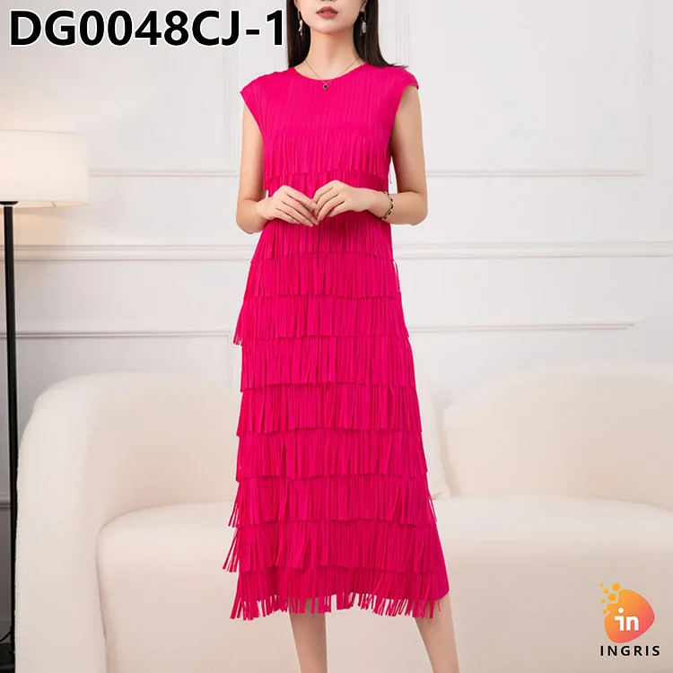 2024 Autumn Dress Women's O-neck Solid Color Sleeveless Pleated Loose Casual Fashion Tassel Dress-DG00048CJ