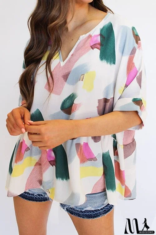 MidiSono - Print Cuffed Sleeves Peplum Blouse