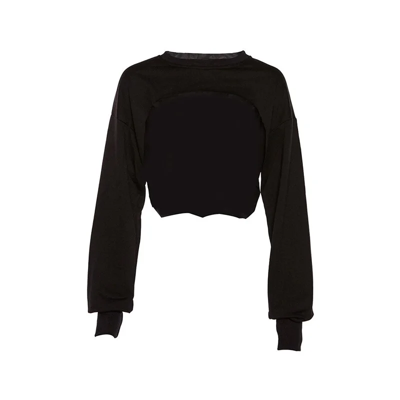 2023 Early Autumn Female Fashion Long Sleeve Hollow Out Solid Crop Top Women  Irregular Sweatshirt Tops New S-L