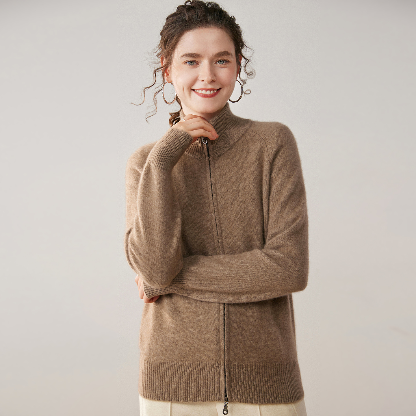 Women's Turtleneck Zip-Front Cashmere Cardigan REAL SILK LIFE