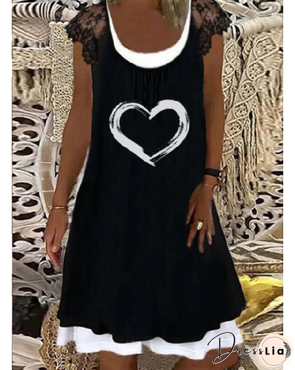 Fake Two Piece Printed Crew Neck Lace Dress