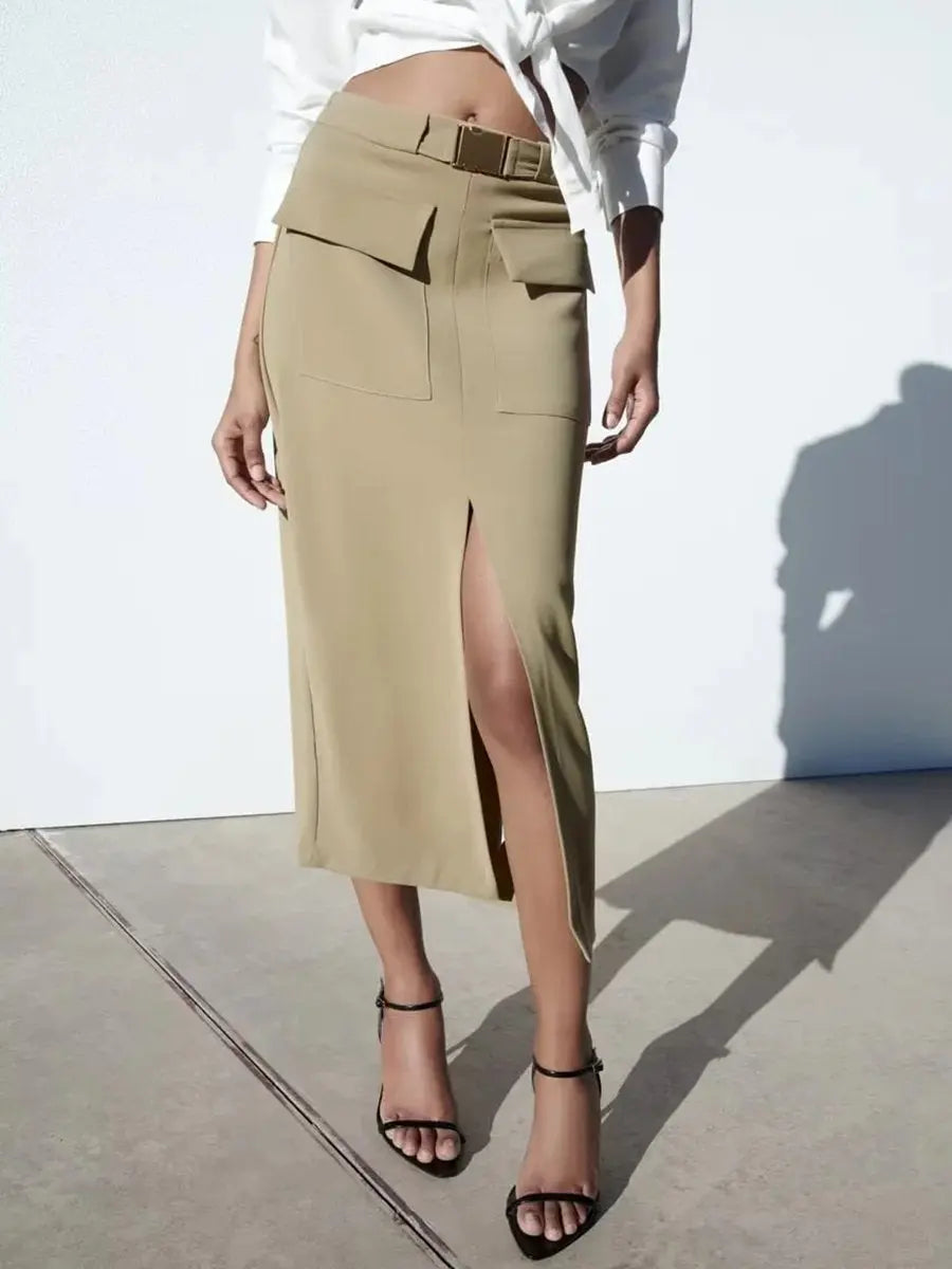 Middle Waist Belt Pocket Split Hem Skirt