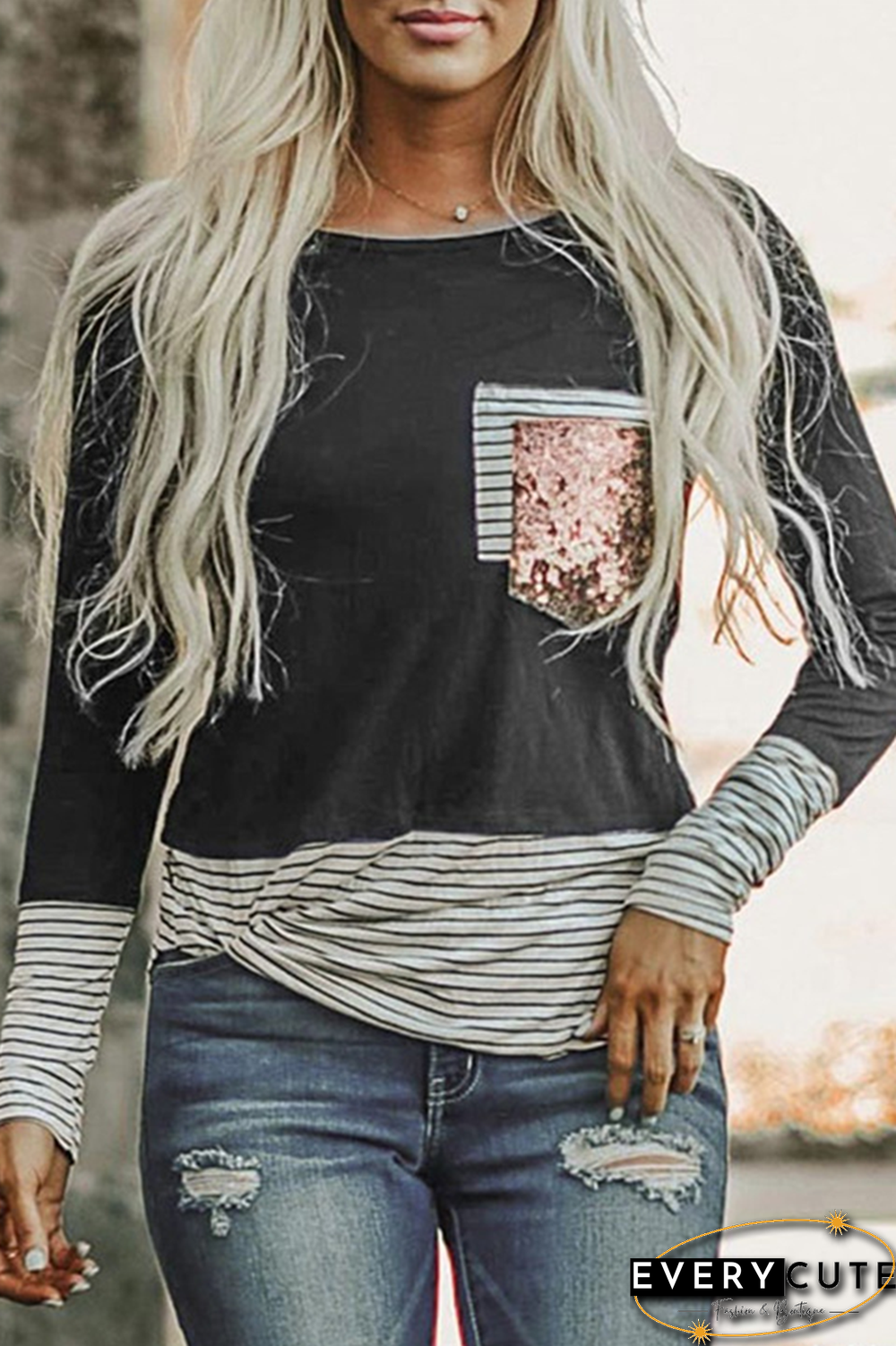 Casual Striped Print Split Joint O Neck Tops