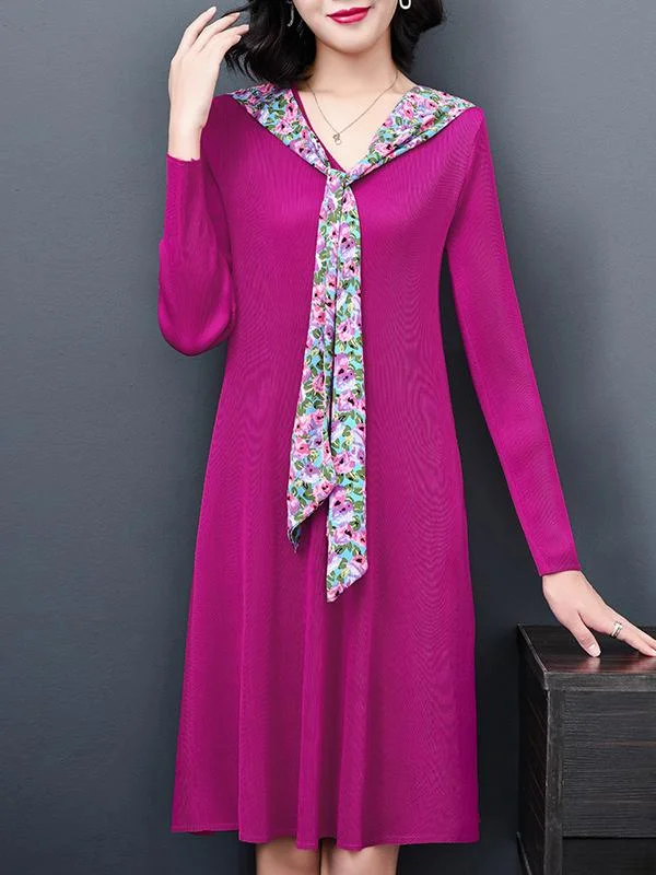 Elegant long-sleeved mid-length loose pleated dress