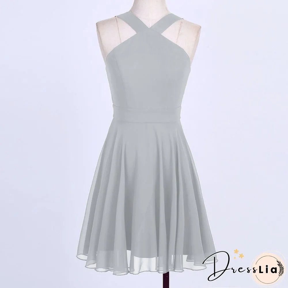 Women Ladies Chiffon Criss-cross Shoulder Straps Bridesmaid Short Dress Evening Prom Gown