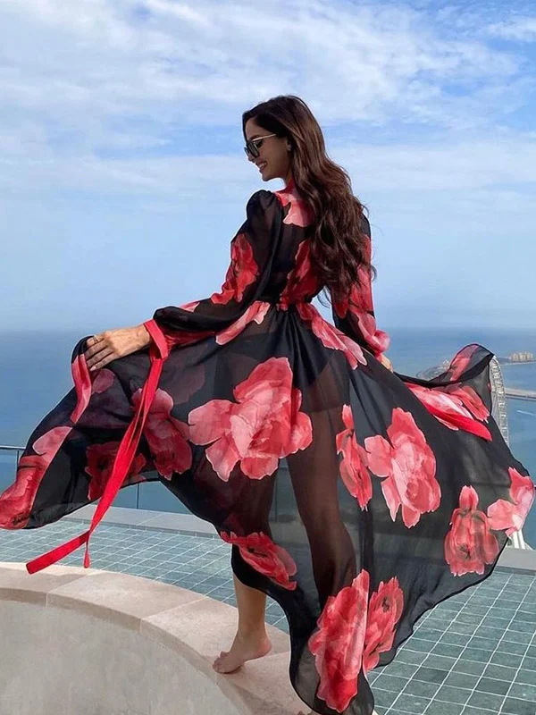 Sexy Long Sleeve Floral Print Cardigan Beach Cover-Up Swimwear