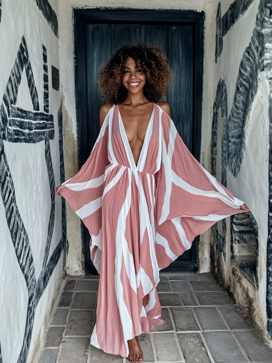 Eros&rsquo; Breeze Brushstroke Art Linen V-neck Long Kaftan