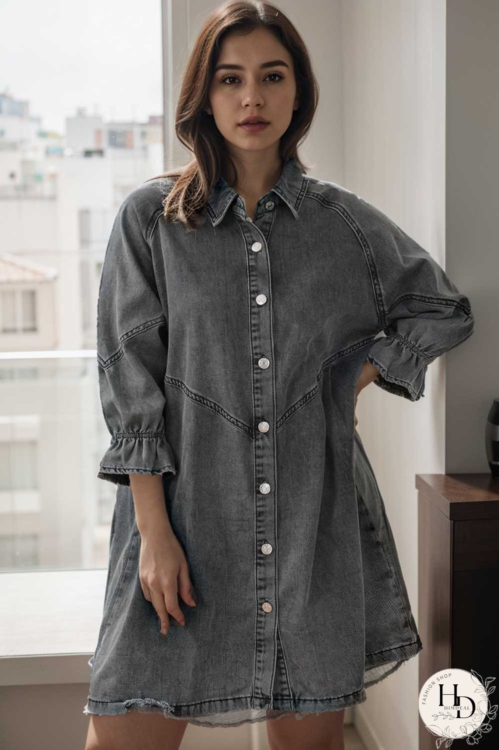 down loose short sleeve denim jean dress drop shoulder a line paneled peasant closed bateau v neck dress