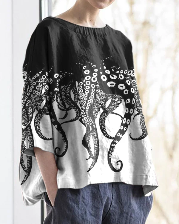 Japanese Octopus Print Round Neck Cotton and Linen Loose Top