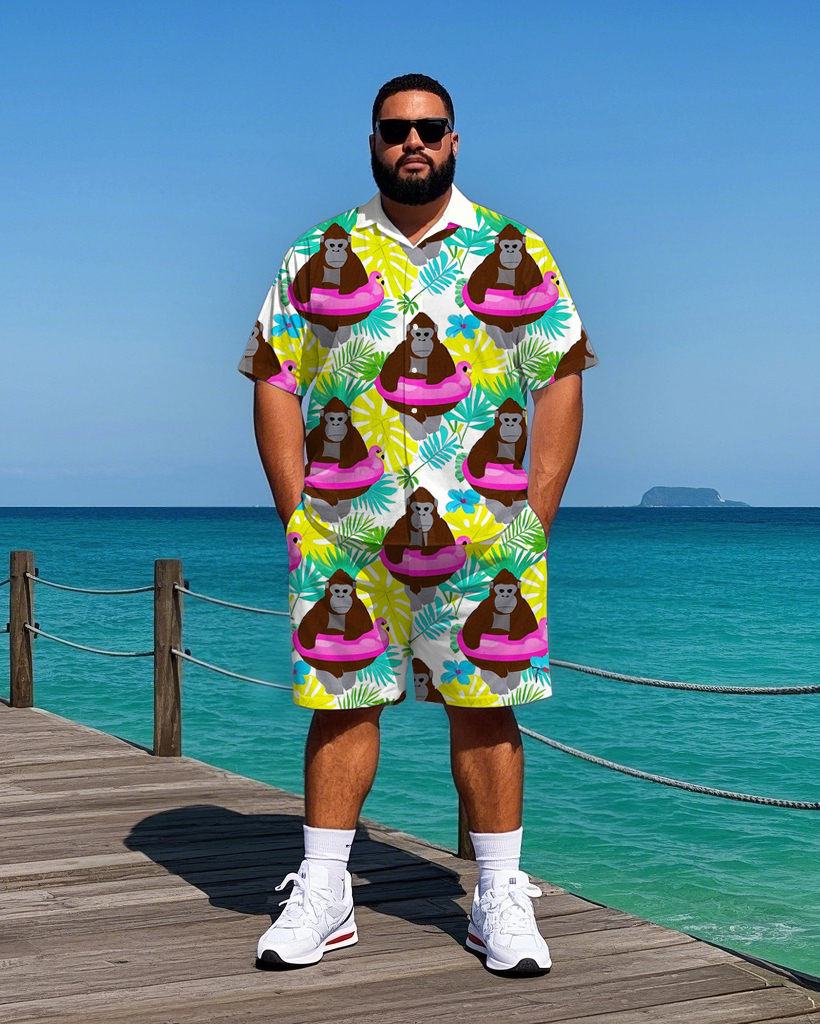 Big Men's Hawaiian Cartoon Chimpanzee in Swim Ring Printed Casual Short Sleeve Shirt Shorts Set