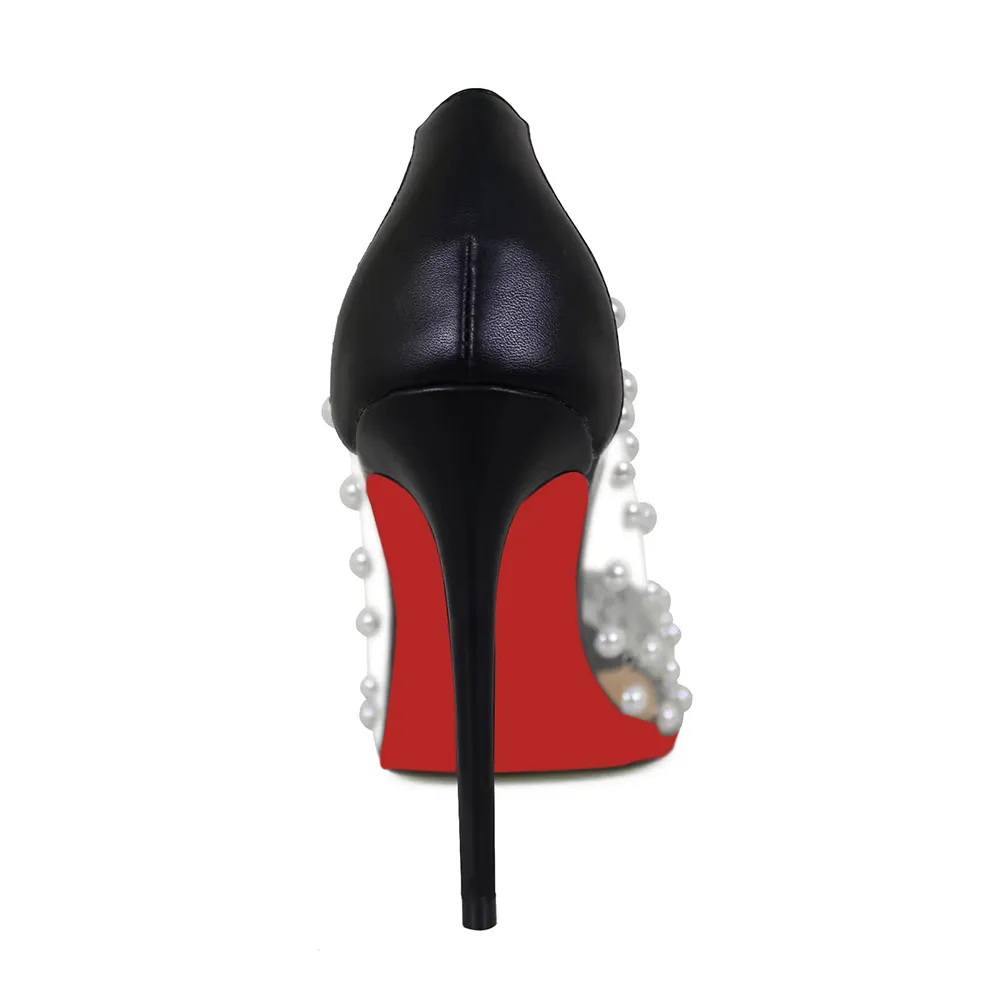 100mm Women's Pumps Pointed Toe Women High Heel Shoes Fashion Pearl Studded PVC Clear Heels Party Dress Red Bottom Shoes-vocosishoes