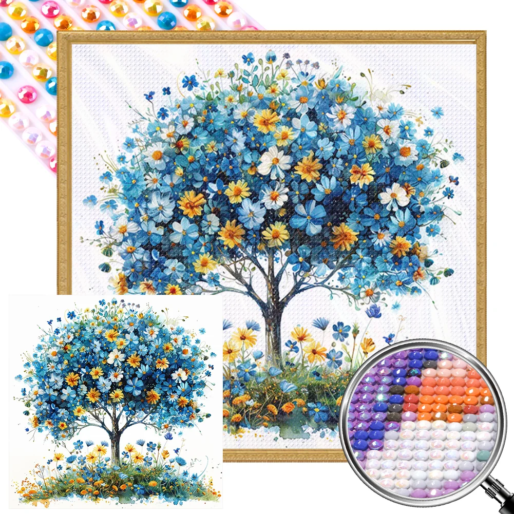 Full Round Partial AB Diamond Painting - Blue Flower Tree(Canvas|45*45cm)