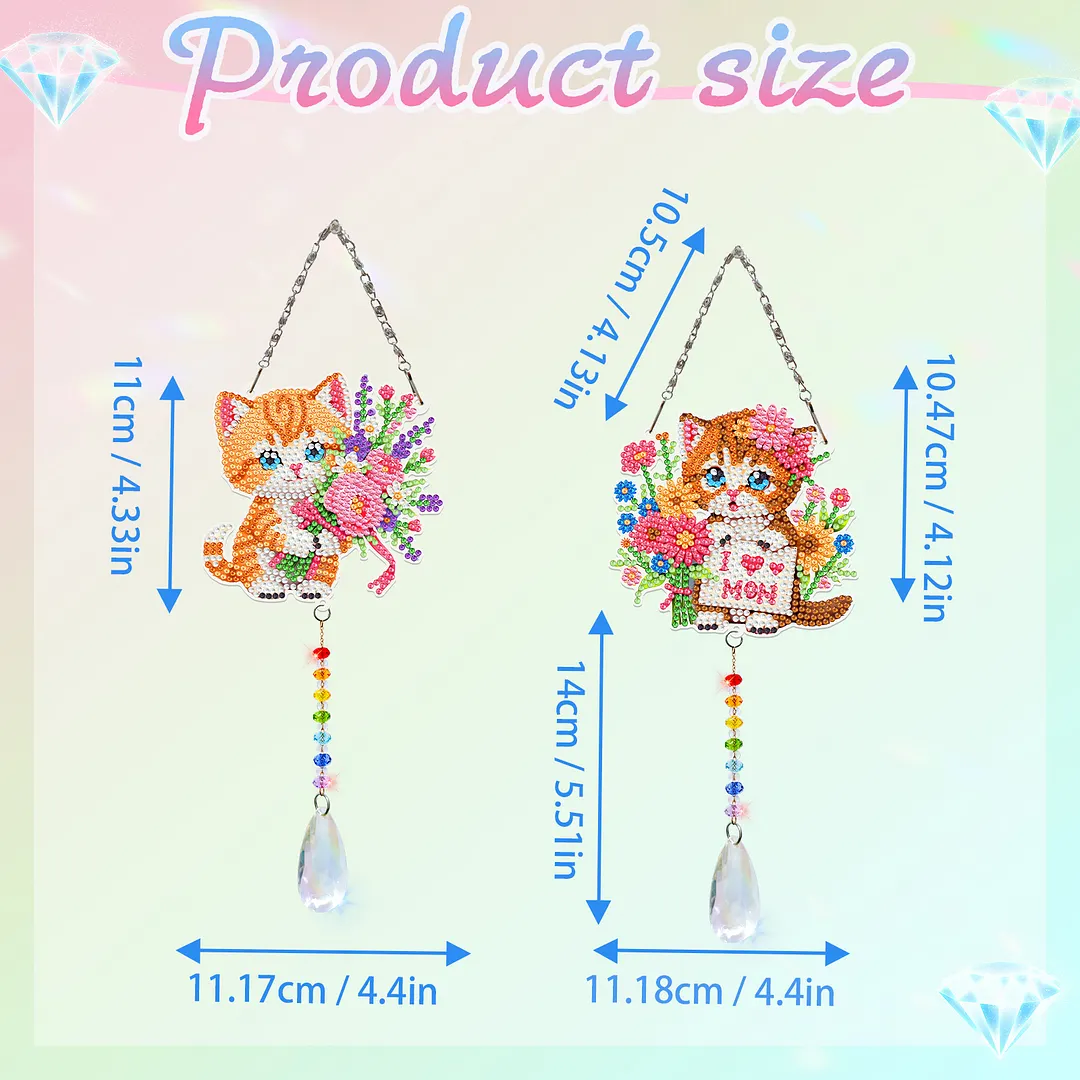 2Pcs Cat DIY Acrylic Diamond Painting Art Wind Chimes with Crystal Pendant Diamond Art Hanging Pendant Double-Sided for Adults Beginners Gift Home Garden Decor