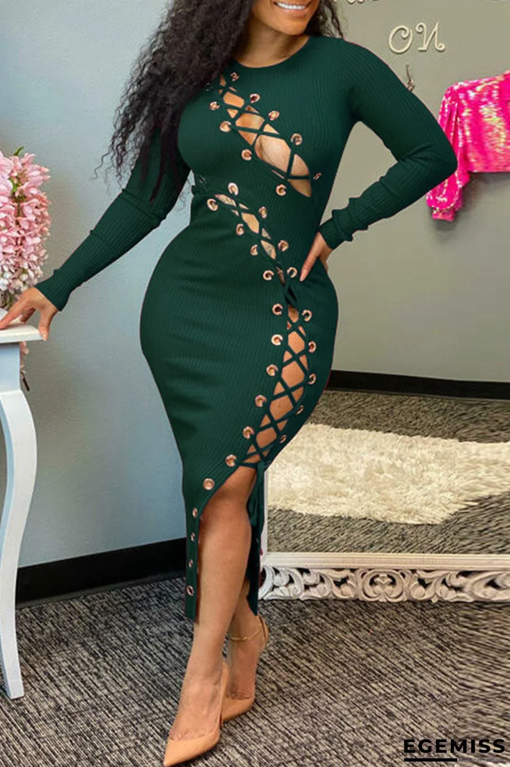 Ink Green Fashion Sexy Solid Hollowed Out Frenulum O Neck Long Sleeve Dresses | EGEMISS