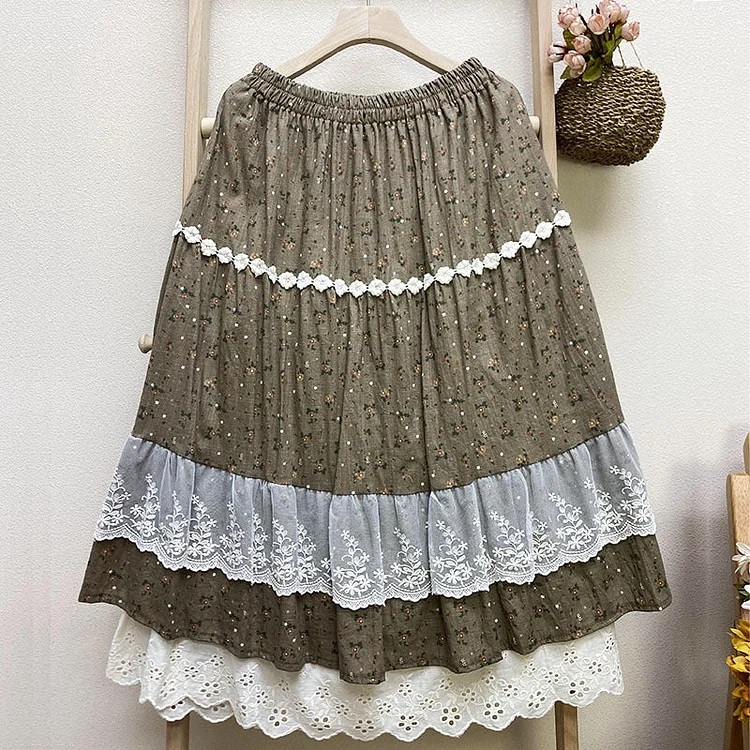Summer Retro Lace Trim Floral Cotton Linen Skirt