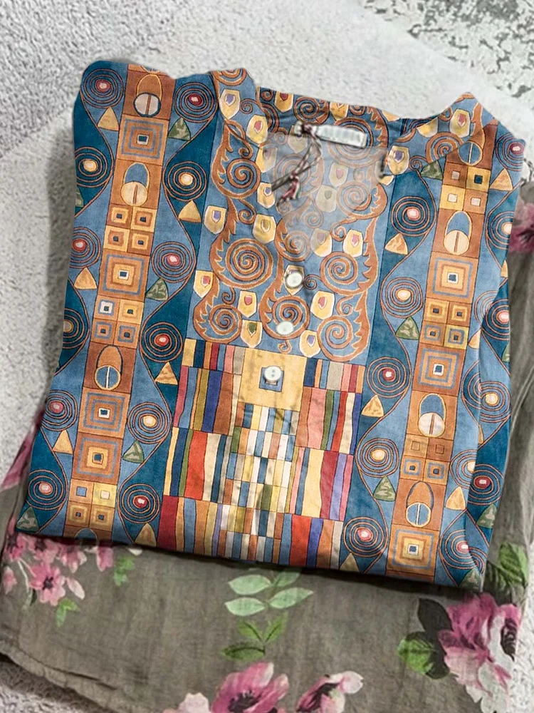 Women's Geometric Pattern Art Print Casual Cotton And Linen Shirt