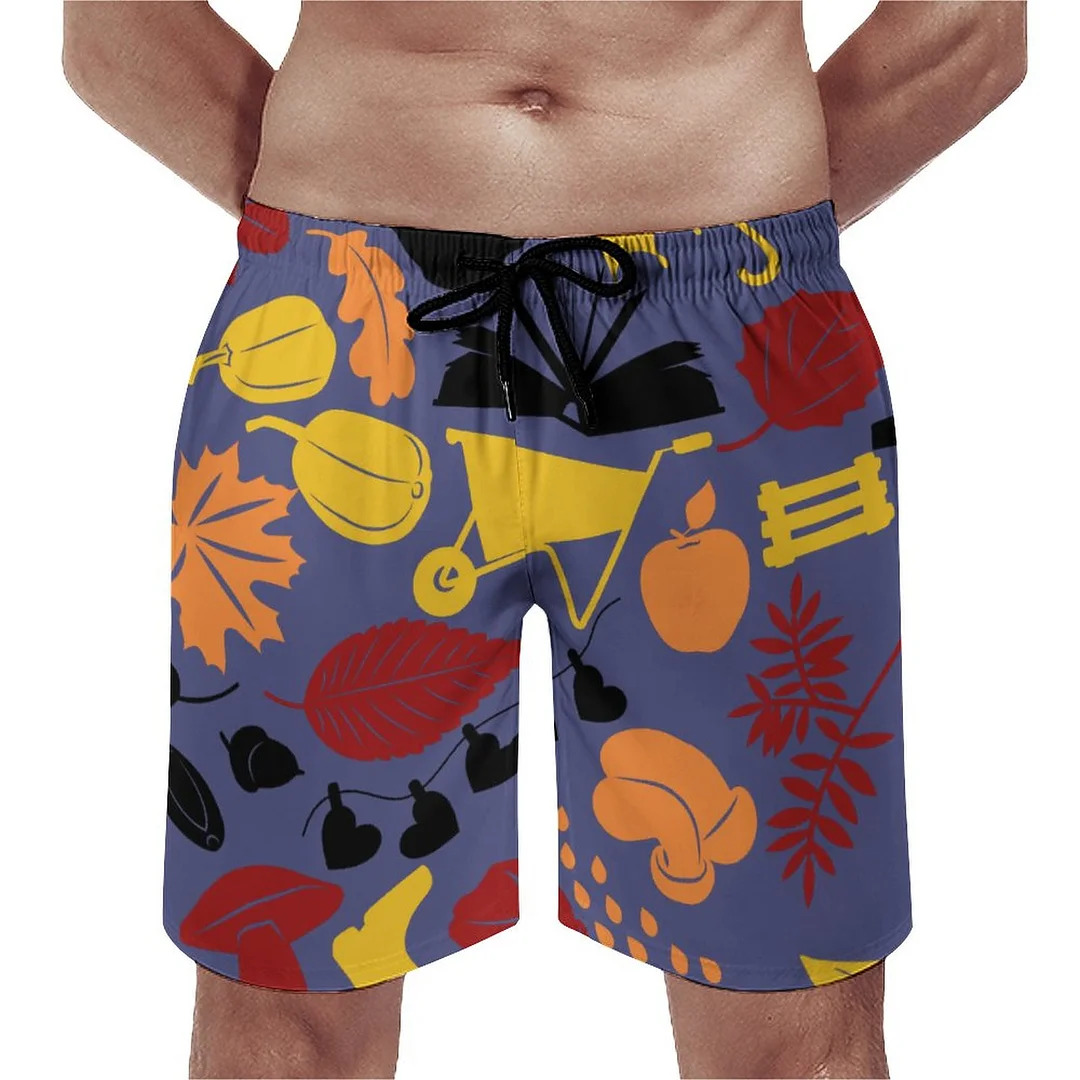 Autumn Fall Colored Berries Leaves And Branches Men's Swim Trunks Summer Board Shorts Quick Dry Beach Short with Pockets