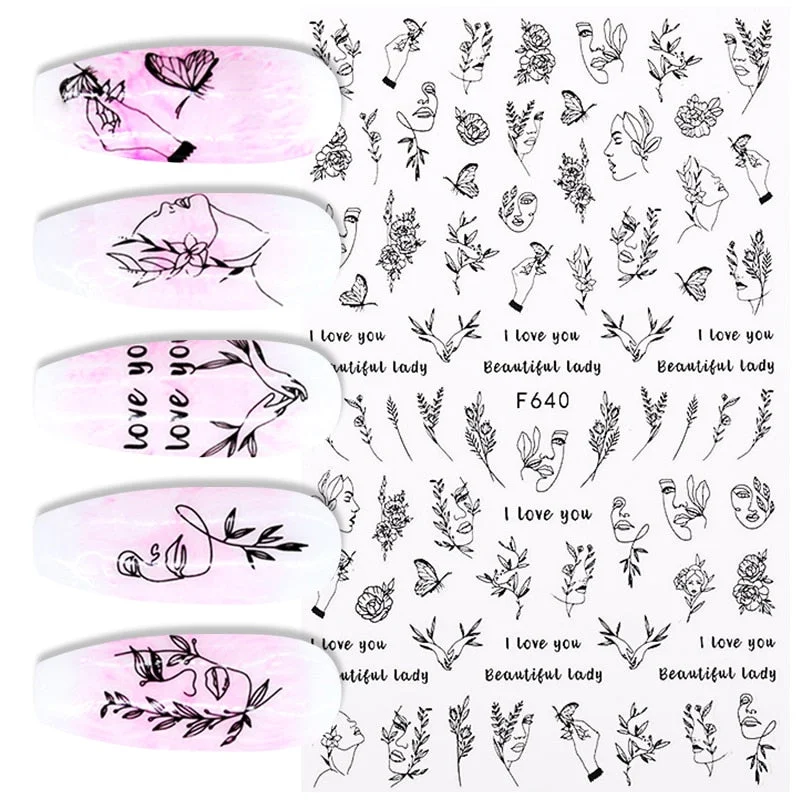 1PC Abstract Face Pattern 3D Nail Stickers Summer Autumn Lady Image Flower Leaves Sliders Decals For Nails Decoration Manicures
