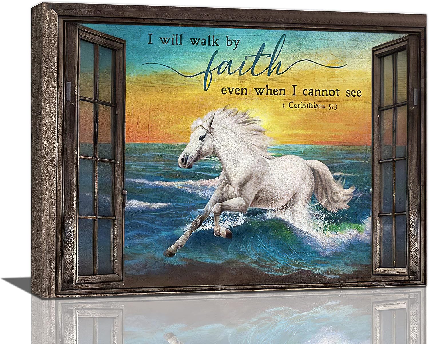 White Horse Beach Bathroom Wall Art Window Beach Sence Pictures Wall Decor Christian Bible Verse Canvas Painting Print Artwork 3D Window Modern Home Decor Framed for Living room Bedroom Bathroom 12 inch X16 inch  Window Horse