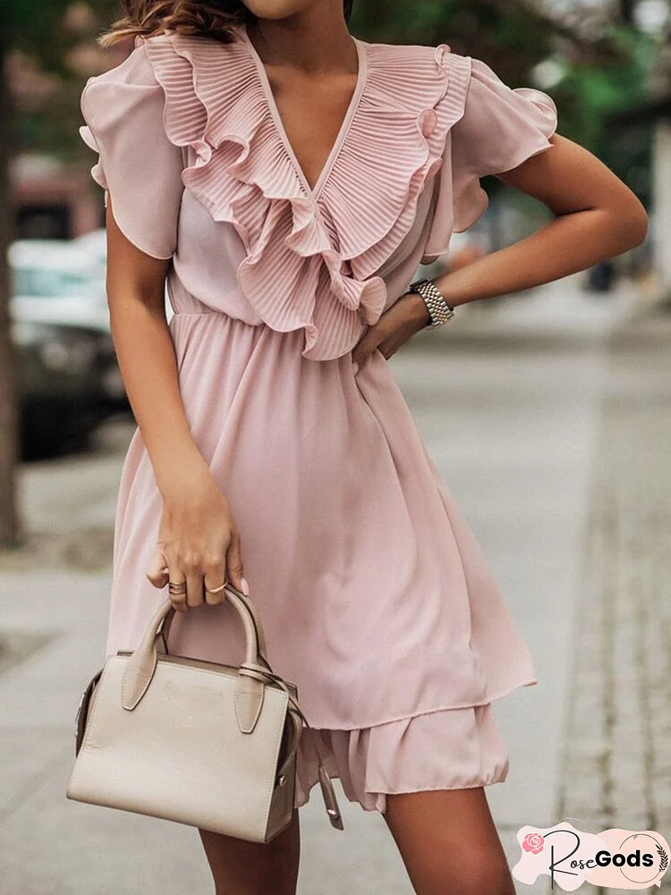 Elegant Short Sleeve V Neck Multilayer Ruffle Mini Dress Fashion Solid High Waist Slim Dress Casual Office Ladies Chiffon Dress