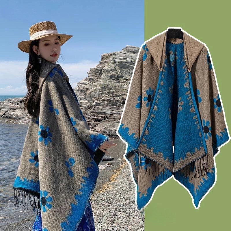 Ethnic Style Hooded Cape Women’s Yunnan Tibet Western Sichuan Grassland Bohemia Travel Wear Scarf Coat
