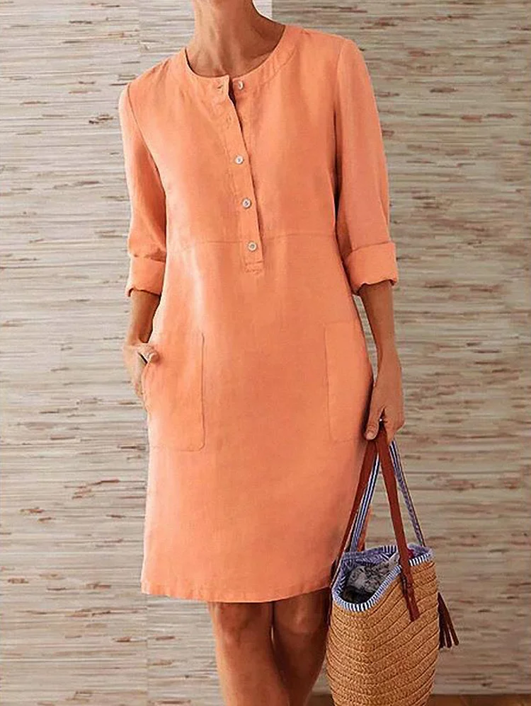 Daily Solid Half Button Long Sleeve Pocket Midi Dress