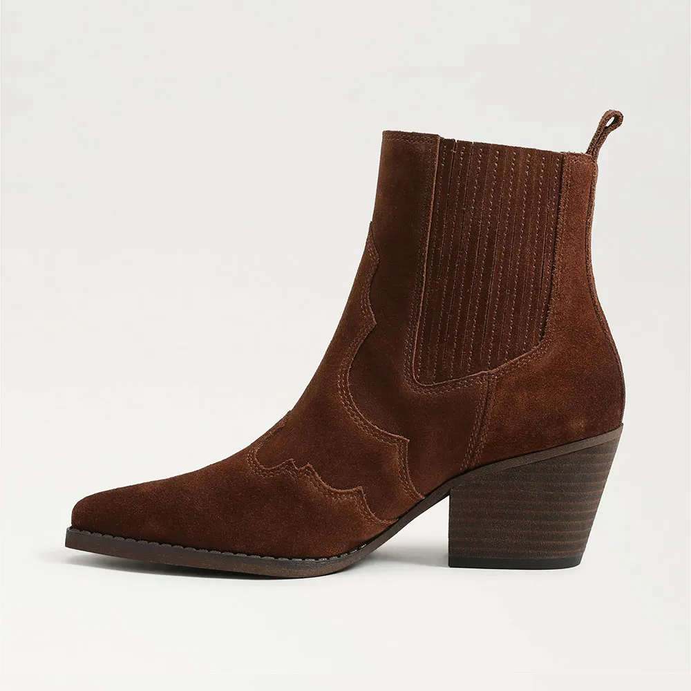 Fashion Brown Vegan Suede Pointed Toe Pull On Stitching Cowgirl Boots