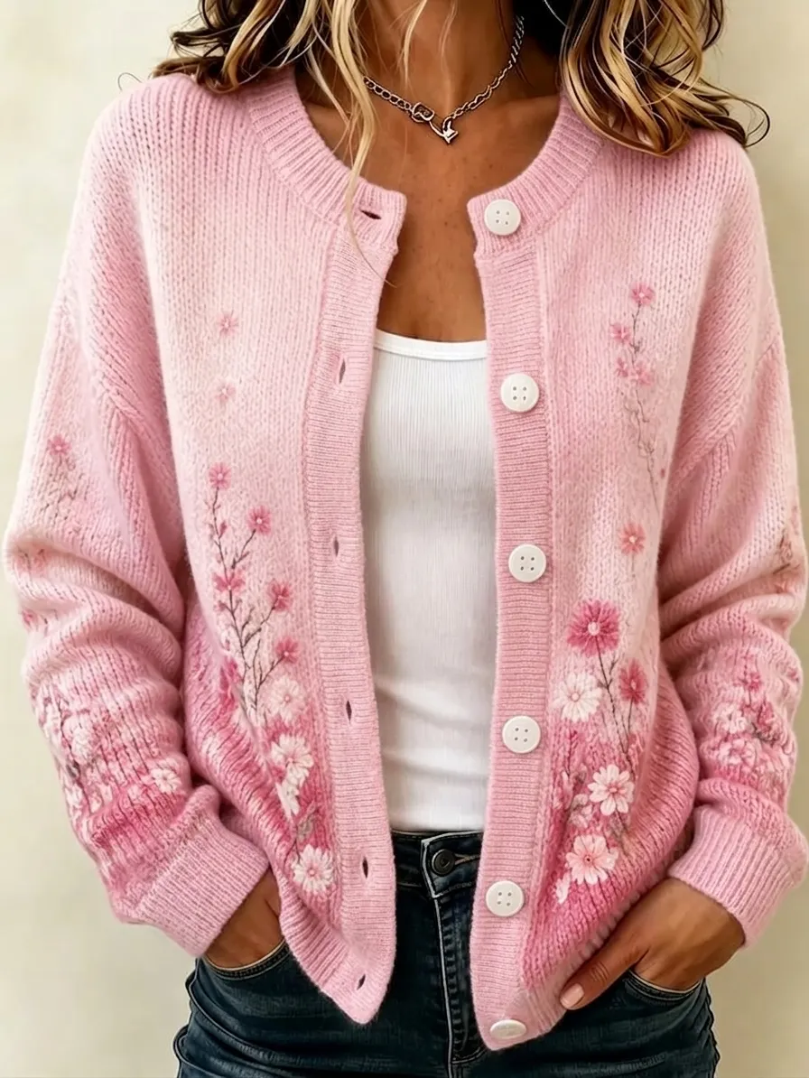 Comstylish Women's Breast Cancer Awareness Month Floral Print Casual Cardigan