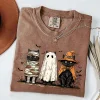 Unisex Retro Comfort Colors Halloween Ghost Cat Printed Short Sleeve T-Shirt