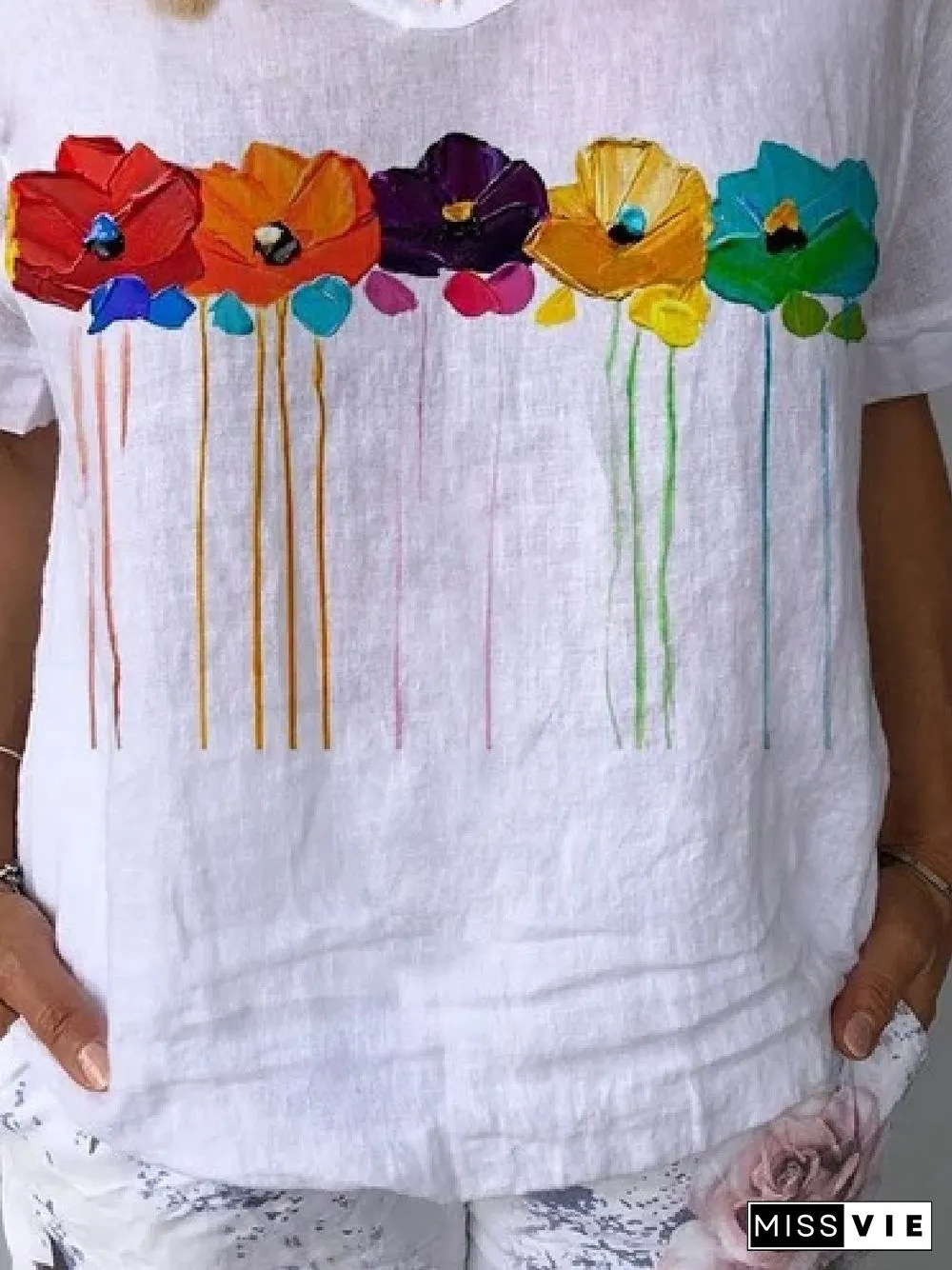 Casual Floral V Neck Cotton Short Sleeve Loosen Floral Tops
