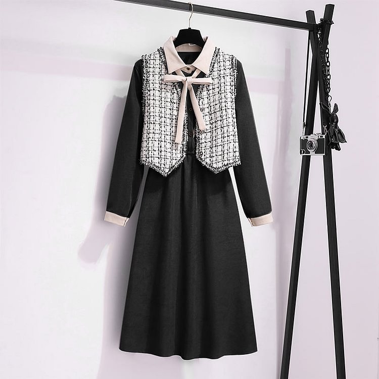Lattice Vest Lapel Bow Knot Dress Set - Modakawa Modakawa