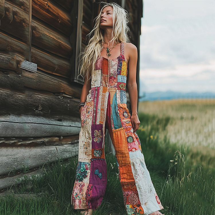 Women's Pink Floral Patchwork Linen Print Cotton Linen Jumpsuit