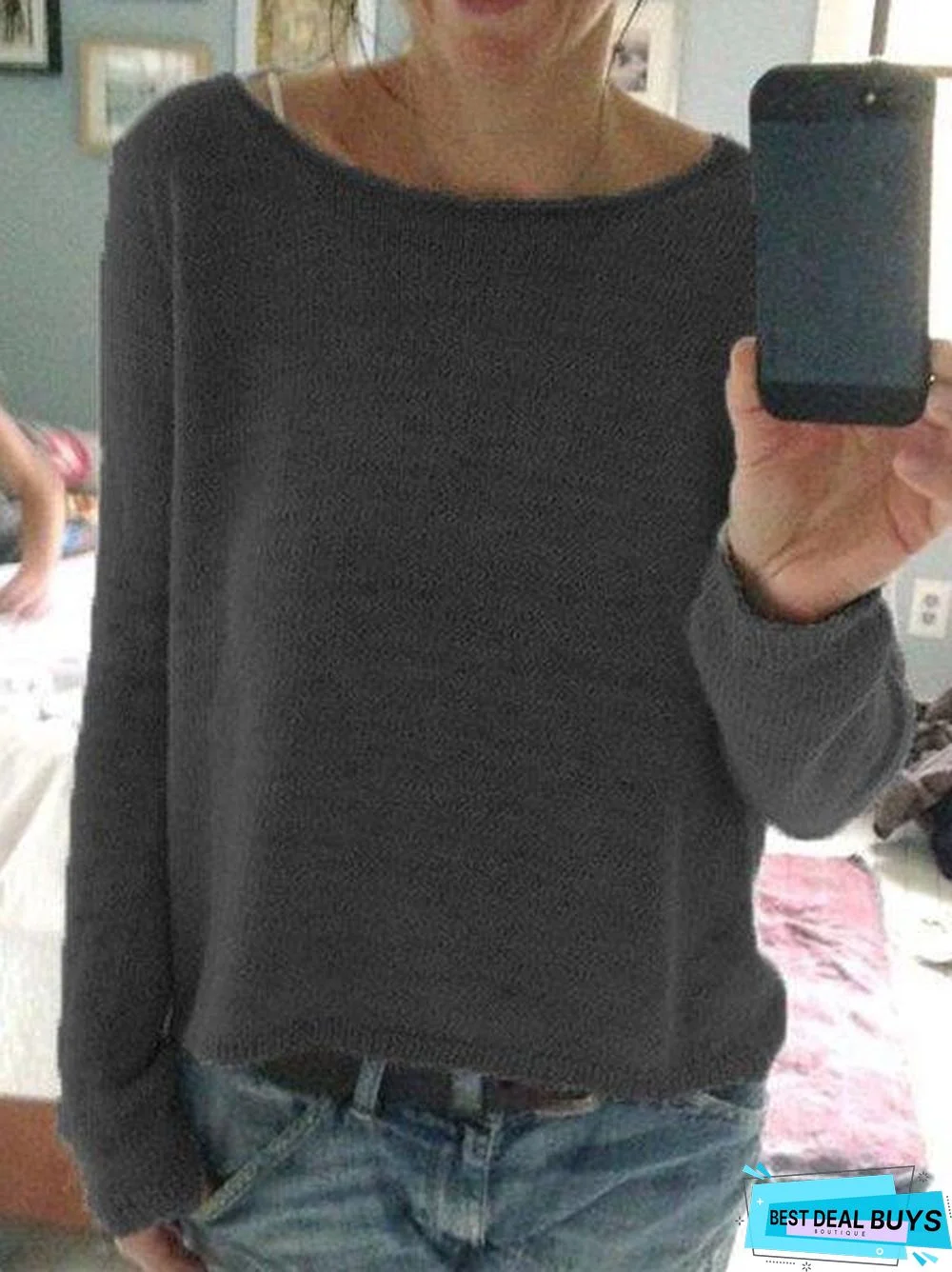 Casual Shift Round Neck Plain Sweater