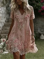 Women's Vintage Floral Art Print Flowy Linen Blend Casual Short Sleeve Mini Dress