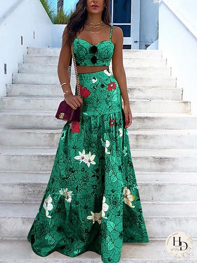 Dress Set Two Piece Dress Swing Dress Long Dress Maxi Dress Yellow Green Sleeveless Floral Backless Spring Summer Spaghetti Strap Vacation S M L XL XXL 3XL for Women