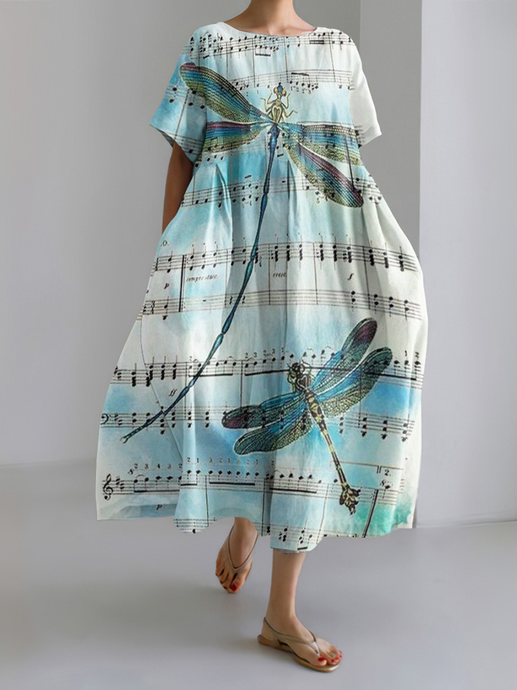 Comstylish Abstract Sheet Music On Dragonfly Print Loose Midi Dress
