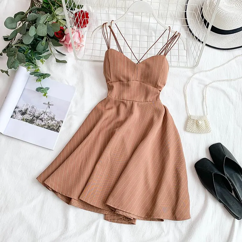 FTLZZ 2020 New Women Sexy V-neck Backless Spaghetti Strap Dress Summer Striped Slim A-line Ladies Sandy Beach Clothes