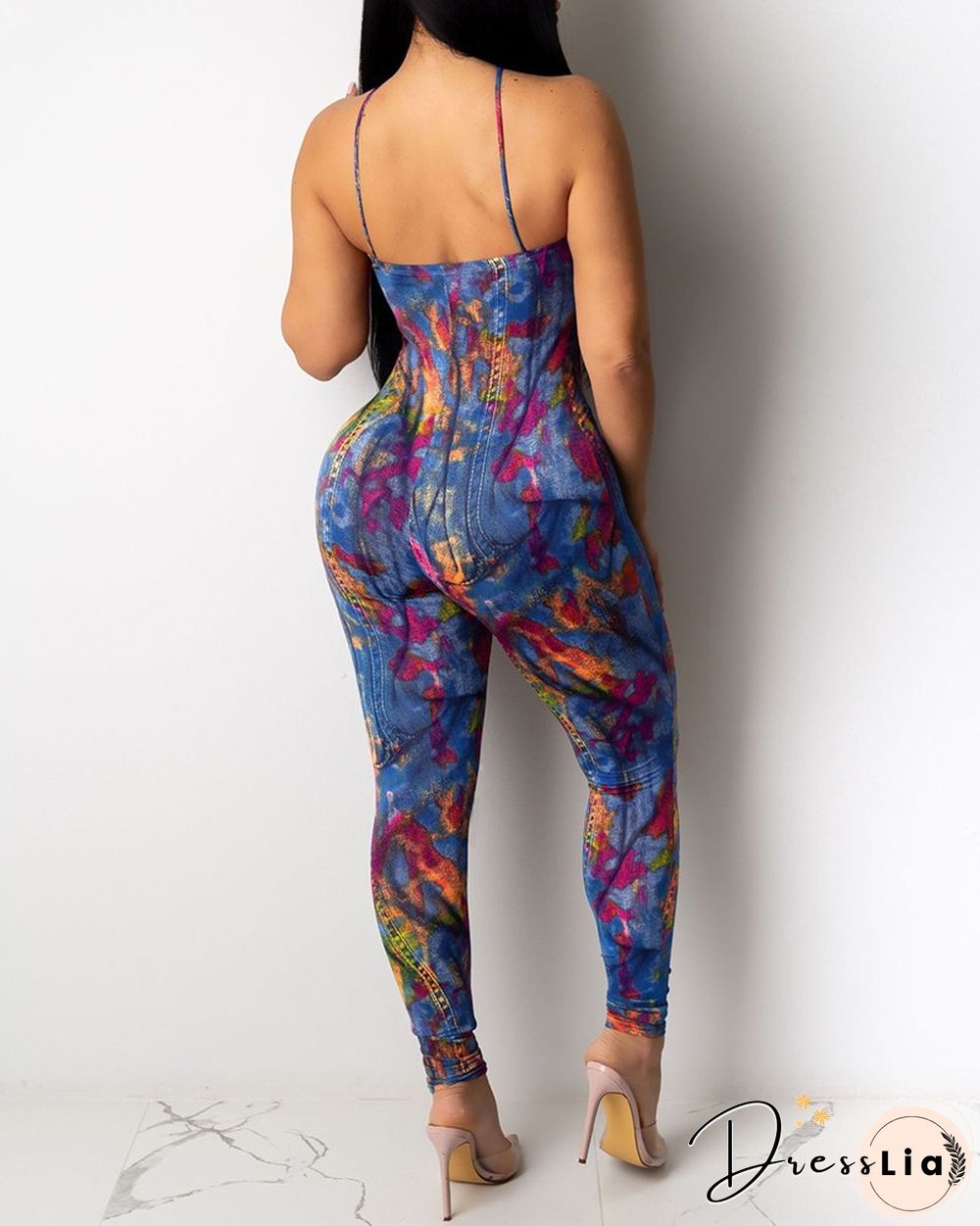 Tie Dye Sleeveless Slim Strappy Jumpsuit