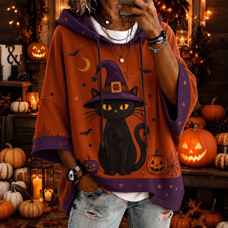 Women's Halloween Black Cat Art Print Casual Hoodie