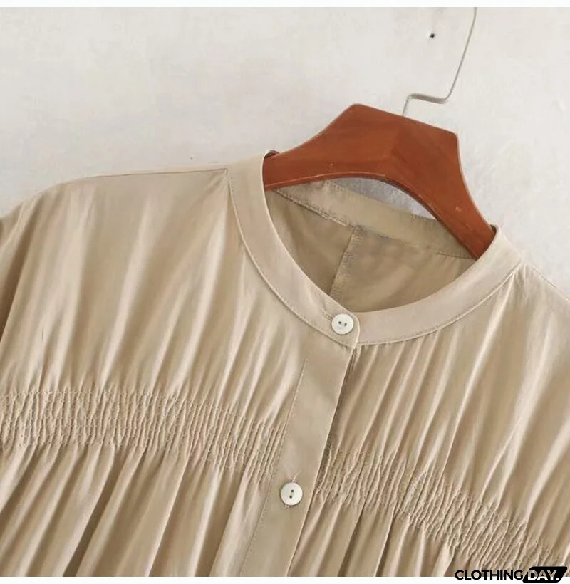 Cotton Dresses Summer Autumn Casual Button Solid Color Loose Ruched Fitted Dress Women Fashion  Clothes Support Dropshipping
