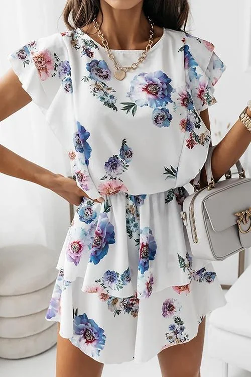 Print O Neck Short Sleeve Mini Dress