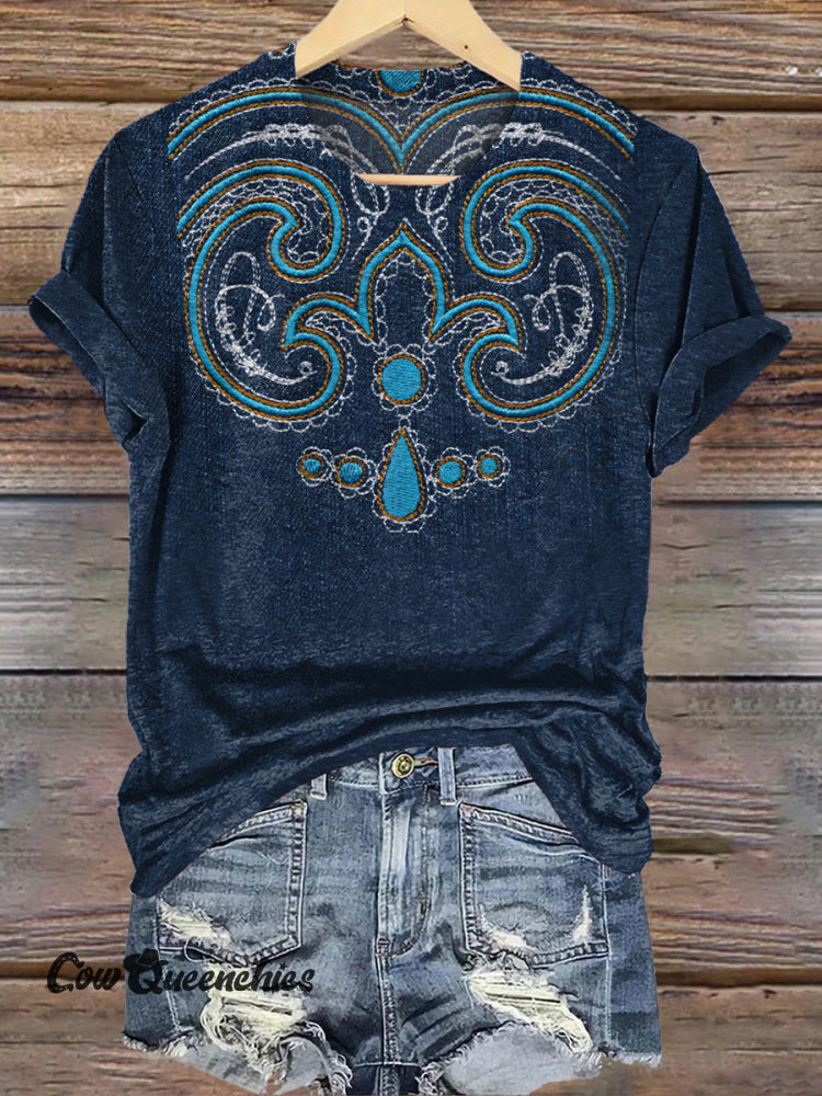 Retro Knitted Pattern Printed Casual T-Shirt Blue / S