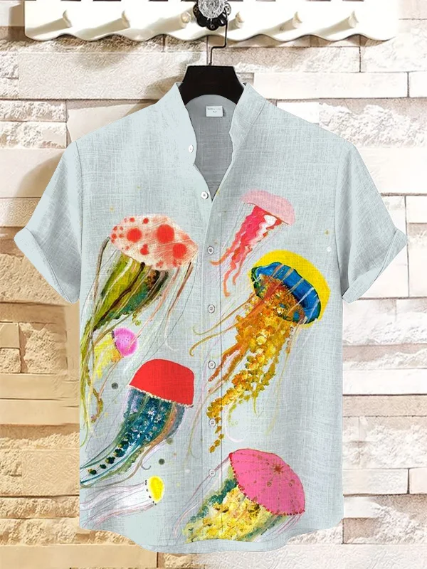 Men's Colorful Jellyfish Art Print Linen Blend Casual Shirt