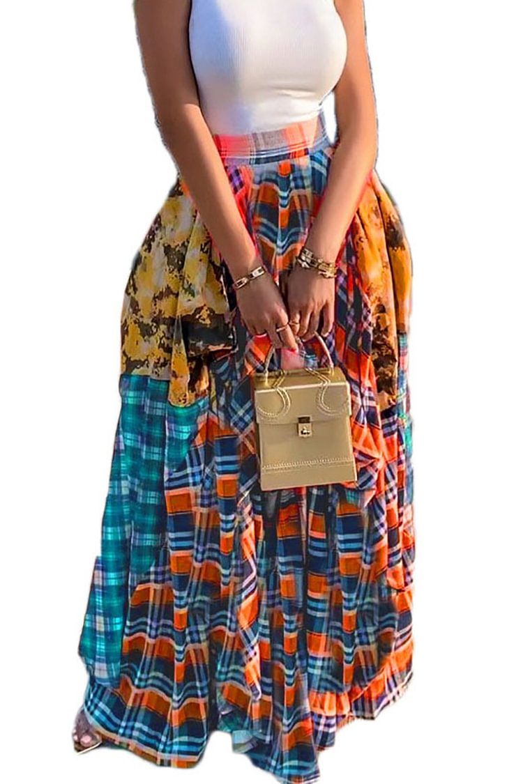 Plus Size Orange Daily Flannel Plaid Patchwork Print Maxi Skirt