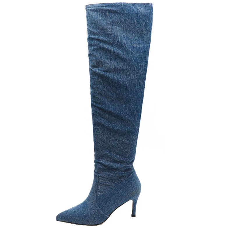 Women's Pointed Toe Pleated Boots 2023 Stiletto knee slim denim plus size single boots Novameme