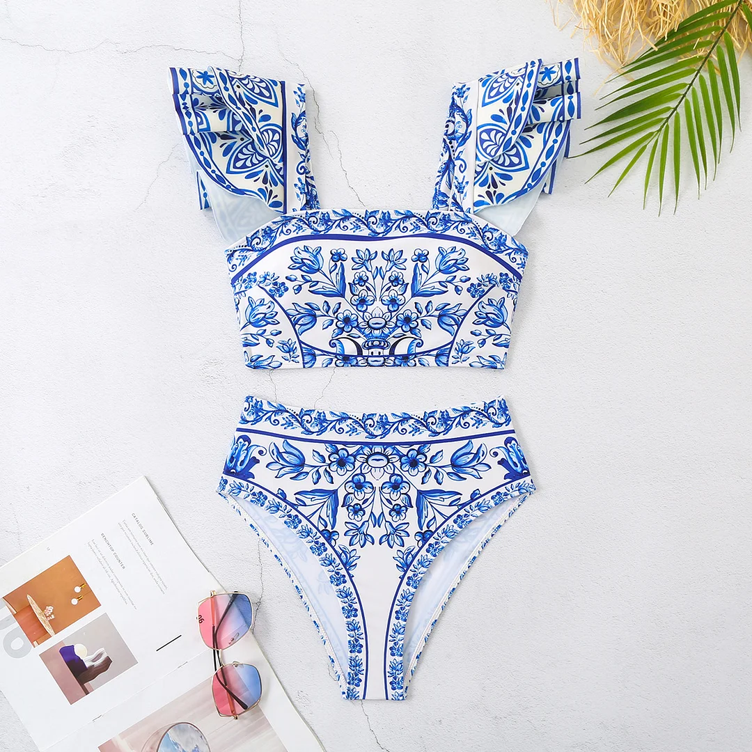 Uveng Blast Breast High-Waisted Split Swimsuit Women 2025 New Bikini Two Sets Of Lotus Edges INS Retro Print Swimsuit