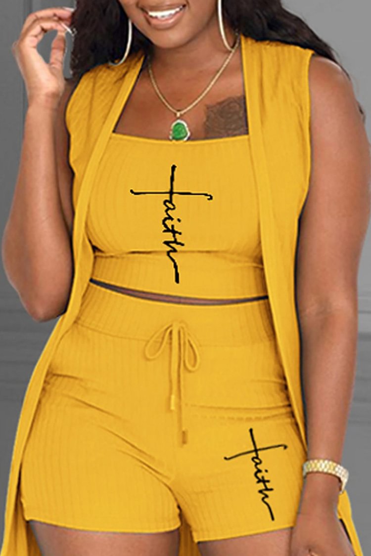 Xpluswear Plus Size Yellow Daily Letter Print Vest Coat 3pcs Short Sets 