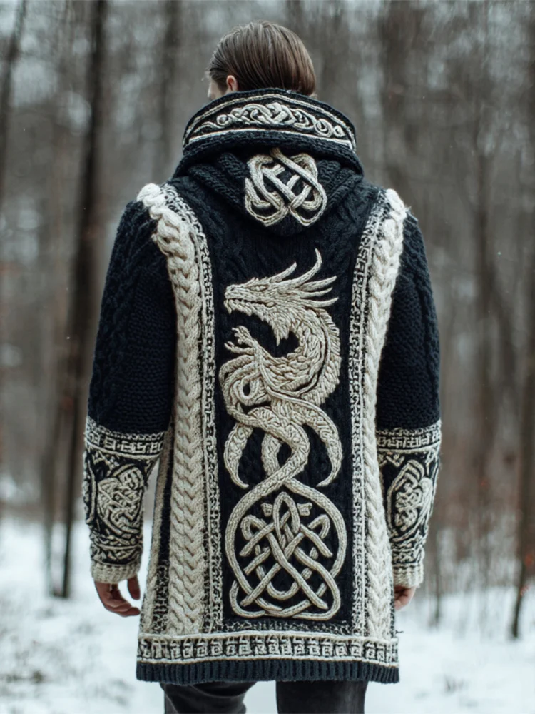 Viking Celtic Dragon Totem Men's Chunky Knit Hooded Long Cardigan